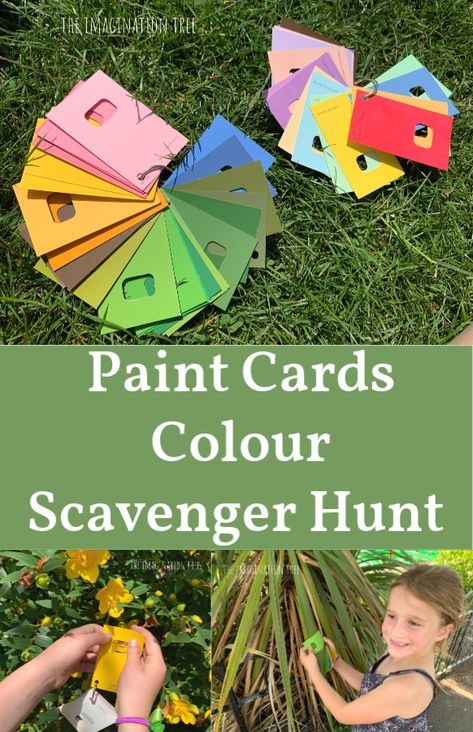 Paint Chip Colour Scavenger Hunt - The Imagination Tree Paint Chip Scavenger Hunt, Color Nature Scavenger Hunt, Paint Chip Crafts For Kids, Color Scavenger Hunt Preschool, Colour Scavenger Hunt, Color Scavenger Hunt, Paint Chip Crafts, Nature Camp, Nature Hunt