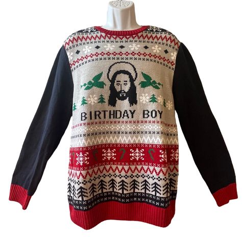 Ugly Christmas Sweater Jesus Is The Birthday Boy Holiday Sweater Size Large Nwot 60% Cotton 40% Polyester Measurements Laying Flat Chest 44 In Sleeve 26 In Length 30 Id 0824399 Jesus Sweater, Mens Ugly Christmas Sweater, Long Sleeve Baseball Tee, Custom Tank Tops, Crop Top And Leggings, Custom Aprons, Custom Sweatshirts, Holiday Sweater, Custom Hoodies