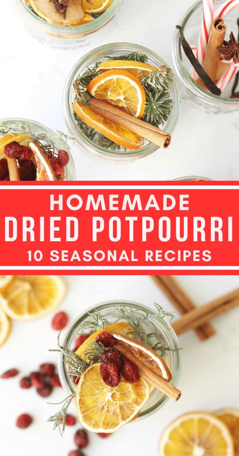 10 dry potpourri recipes that make lovely homemade gifts to give to friends and family or use yourself! Having these different blends of stovetop potpourri simmering throughout the seasons is sure to get you into the holiday spirit! Dried Fruit For Potpourri, Diy Potpourri Dried Winter, Make Your Own Potpourri Diy, Make Potpourri Diy, Dried Fruit Potpourri, Diy Potpourri Dried How To Make, Homemade Dried Potpourri, Essential Oil Potpourri, How To Make Popurri With Flowers