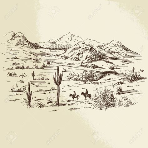 Western Landscape Tattoo, Old Western Drawings, Cowboy Aesthetic Wallpaper, Western Widgets, Wild West Landscape, Western Sketches, Arte Cowboy, Desert Background, Western Prints