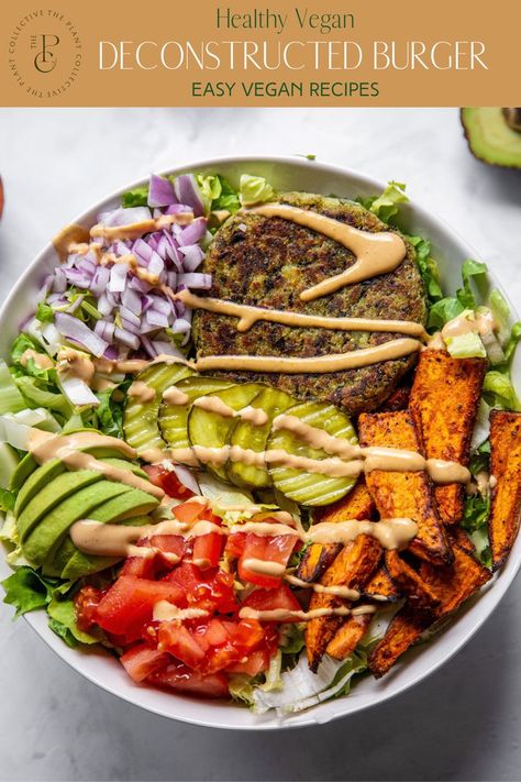 This vegan Deconstructed Burger Bowl is a salad made up of a veggie burger, lettuce, tomatoes, pickles, avocado, red onion, sweet potato, and a creamy chipotle sauce. Deconstructed Burger, Veggie Burger Salad, Deconstructed Food, Vegan Bowl Recipes, Burger Bowl, Chipotle Dressing, Burger Salad, Easy Vegan Lunch, Healthy Bowls Recipes