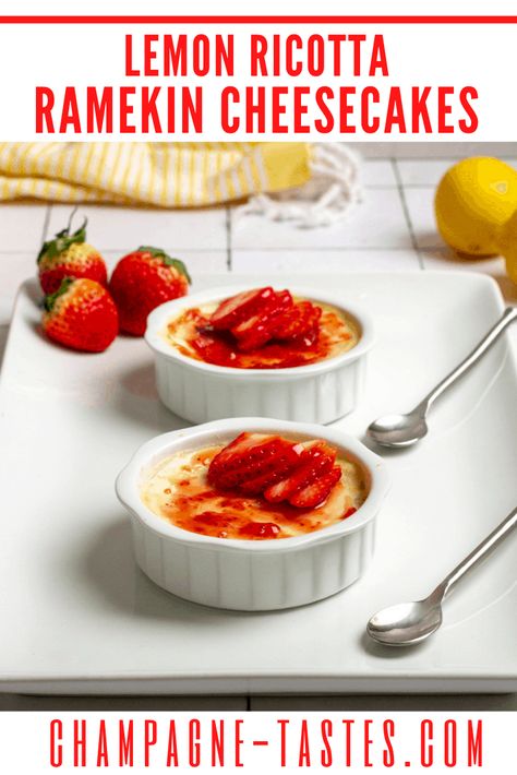 These Italian-style lemon ricotta ramekin cheesecakes are made with ricotta and mascarpone cheeses, Greek yogurt and lemon zest for easy individual-sized desserts. Ramekin Dessert, Lemon Ricotta Cheesecake, Ricotta Dessert, Baked Ricotta, Ricotta Cheesecake, Night Recipes, Afternoon Tea Recipes, Champagne Taste, Lemon Ricotta