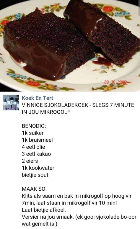 Sjokolade Koek Resep, Sjokolade Koek, Microwave Cooking Recipes, Easy Microwave Recipes, Easy Tart Recipes, Microwave Dessert, Cake Recipes Easy Homemade, Easy Banana Bread Recipe, Cookie Recipes Homemade