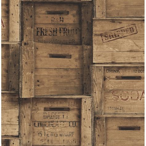 This warm toned wallpaper is bursting with character. The wooden crate design is a nod to the past, the days of horse drawn carriages, suits and hats, and hand painted signs. Step back in time to when chocolate, fruit and soda bottles were transported in fashionable wooden crates. The world moved a little slower. This crate print wallpaper is a unique design that is bursting with character. Bustling streets, apples sold by boys in caps, soda pop fresh from a glass bottle. Embrace the historic... Dark Wood Wallpaper, Distressed Wood Wall, Brewster Wallcovering, A Street Prints, Wallpaper For Sale, Woven Wood, Tile Wallpaper, Metallic Wallpaper, Wood Wallpaper