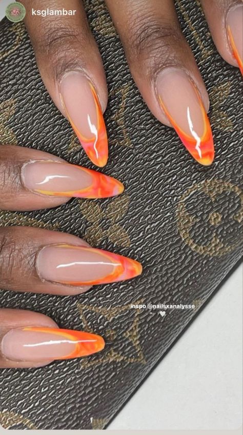 French Nails Classy Elegant, Almond Color French Tip Nails, Pink Summer Almond Nails, Long Almond Nails Summer, Almond Shaped Nails Designs Summer, Summer Acrylic Nails 2023, Almond Nails Marble, Summer Nail Ideas Pink, Orange Nails Almond