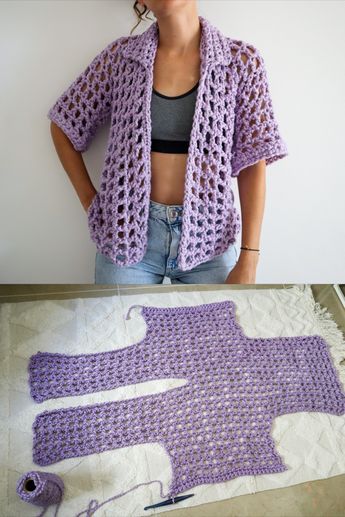 Big Granny Square Sweater, Crochet Ladies Tops Free Pattern, Thick Yarn Crochet Patterns, Crochet Shirt Pattern, Chunky Yarn Crochet, Crochet Jacket Pattern, Crochet Cardigan Pattern Free, Gilet Crochet, Crochet Shrug Pattern