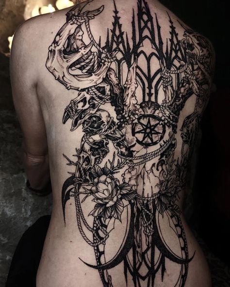 Back tattoo done in 3 days in a row Thanks again ! Done @utopia.workshop NEXT GUESTS +PARIS +BERLIN +VIENNA +TOULOUSE Done with @probodysupply @pepax.official #tattoo #tattoos #ink #inked #occult #ornaments #ornamental #blackworktattoo #blackworkerssubmission #blackwork #blackworkers #blackart #blacktattooart #skulltattoo #cathedraltattoo #cathedral #architecturaltattoo #artwork #art #dotworkers #dotworktattoo #necktattoo #throattattoo #goth #gothic Gothic Cathedral Back Tattoo, Pagan Back Tattoo, Dark Cathedral Tattoo, Gothic Spine Tattoo, Goth Neck Tattoo, Dark Back Tattoos, Gothic Back Tattoo, Amazing Back Tattoos, Gothic Cathedral Tattoo