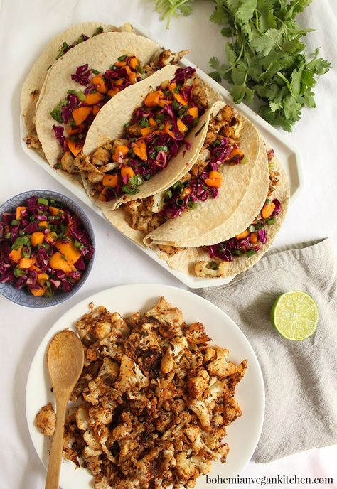 Spicy Vegan Jamaican Jerk Cauliflower Tacos with Mango Salsa Jerk Tacos, Jerk Cauliflower, Vegan Cauliflower Tacos, Vegan Jamaican, Jerk Recipe, Tacos With Mango Salsa, Cauliflower Tacos, Top Chicken Recipes, Jamaican Jerk