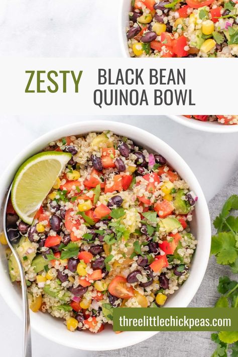 Zesty quinoa salad with black beans in a bowl with a lime wedge. Black Bean Quinoa Bowl, Vegan Quinoa Bowl, Quinoa Bowls Healthy, Zesty Quinoa Salad, Salad With Black Beans, Southwest Quinoa Salad, Vegan Quinoa Salad, Healthy Bowls Recipes, Black Bean Recipes