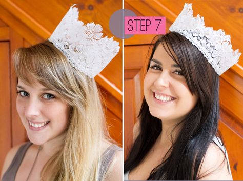 Wedding DIY: How To Make Lace Crowns Treated Like A Princess, Bridesmaid Duty, Crown For Bride, Wedding Dreses, Halloween Costume Patterns, Crown Diy, Lace Headpiece, Lace Crown, Boda Diy