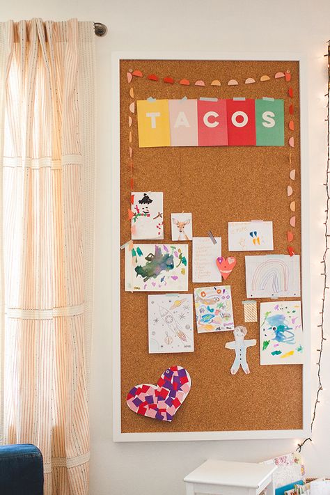 Oversized Cork Board, Cork Board Playroom, Kitchen Bulletin Board Ideas, Painting Cork Board, Small House Projects, Cork Wall Ideas, Diy Cork Board Wall, Corkboard Diy, Cork Board Diy