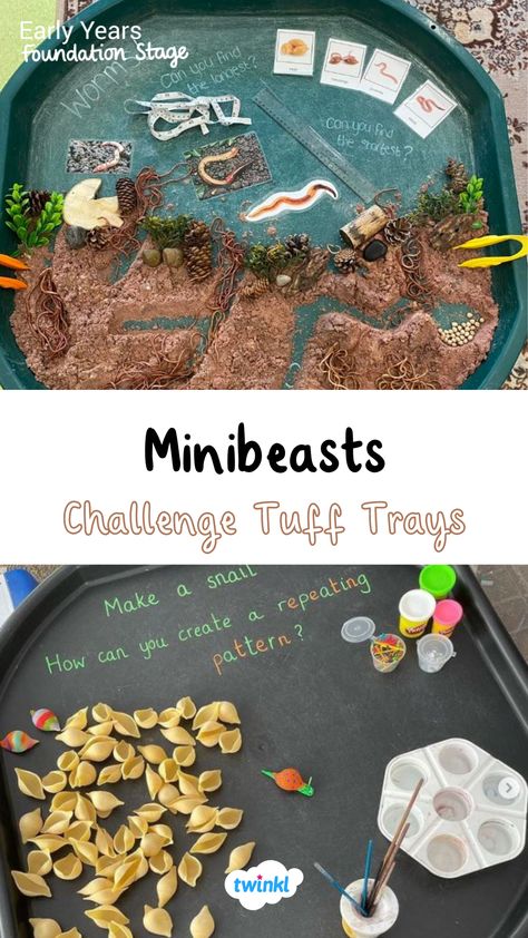 Challenge children with these fun minibeast eyfs activities. Thanks to @treetotsdaynurserytidworthnursery @eyfs_displays_and_tuff_trays. Minibeast Tuff Trays, Garden Activities Eyfs, Story Activities Eyfs, Outdoor Easter Activities Eyfs, Mini Beasts Tuff Tray, Minibeast Activities Eyfs, Eyfs Activities At Home, Insect Tuff Tray Ideas, Minibeasts Tuff Tray