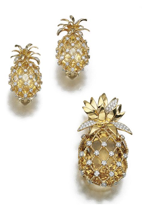 CITRINE AND DIAMOND DEMI-PARURE Fruits Jewelry, Tooty Fruity, Vegetable Jewelry, Mix Fruit, Pineapple Earrings, Fruit Jewelry, Citrine Jewelry, Matching Design, Ear Clips