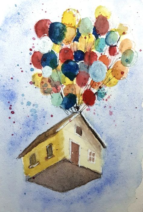 Up Balloon House Painting, Up House Watercolor, Aesthetic Simple Watercolor Art, Flying House Drawing, Watercolor Balloons Painting, Watercolor Small Paintings, Up House Painting, Watercolor Drawings Aesthetic, Aquarelle Painting Easy