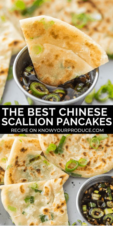 Scallion Pancakes are crispy on the outside, soft and chewy on the inside! They are also known as Cong You Bing and pair perfectly with our Chinese scallion pancake sauce. #scallions #pancakes #chinesefood #vegan #veganrecipes #vegetables #appetizers Scallions Pancakes, Pancake Sauce, Chinese Scallion Pancakes, Koreansk Mad, Scallion Pancake Recipe, Scallion Pancakes, Asian Inspired Recipes, Chinese Cooking, Asian Cooking