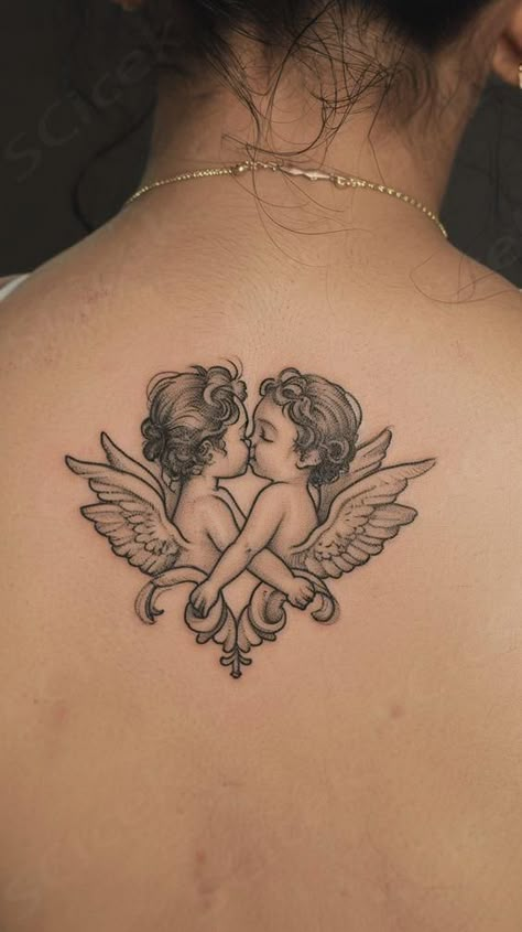 This delicate fine-line tattoo depicts twin flame cherub angels locked in a sweet, endearing kiss. With their wings gently touching, the tattoo represents the concept of eternal love, of souls destined to be together forever. Every single detail is intricately perfected, symbolizing a love narrative that transcends time and space. Use this as a tattoo idea to symbolize your connection. Tatts  ... more Two Angels Kissing Tattoo, Angel Twins Tattoo, Angels Kissing Tattoo, Angel Tattoo On Hand, 2 Angels Tattoo, Two Angels Tattoo, Forever Tattoo Ideas, Tattoos For Twins, Twin Tattoo Ideas