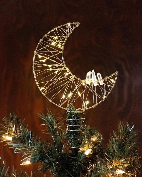 Auld Moon by Elisabeth Mlodik on Instagram: “Celestial tree toppers are here! Are you ready for the winter solstice? Link in profile!✨🌙🎄” Witchy Xmas Decor, Moon Christmas Tree Topper, Diy Yule Tree Topper, Pagan Christmas Tree Topper, Pagan Tree Topper, Moon Tree Topper, Diy Tree Toppers Christmas, Celestial Christmas Tree, Yule Magick