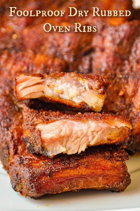 Foolproof Dry Rubbed Oven Ribs. No matter what time of year, you can enjoy smoky spiced succulent dry rubbed ribs from your oven that practically cook themselves. The perfect Super Bowl Ribs too! Oven Baked Dry Rub Ribs, Oven Baked Ribs In Foil Dry Rubs, Baked Pork Ribs Oven Dry Rub, Ribs In Oven Then Grill, Pork Side Ribs Oven, Dry Rub Ribs In Oven, Ribs In Oven Quick, Dry Ribs Recipe, Spice Remedies