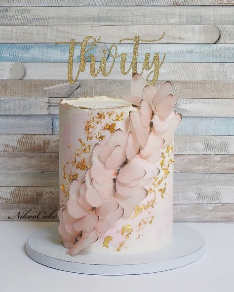 A 1-tier version of the original cake. I still love it. . . . . . . . . . . #butterfly #butterflycake #butterflycakes #pinkandgold #pinkandgoldcake #nikoocake #نیکوکیک 1 Tier Birthday Cake, Boho Butterfly Cake, Butterfly Themed Cake, Flower And Butterfly Cake, Cake With Butterflies, Pastel Butterfly Cake, Rose Gold Cake With Butterflies, Cake With Gold Butterflies, Birthday Cake Flowers And Butterflies