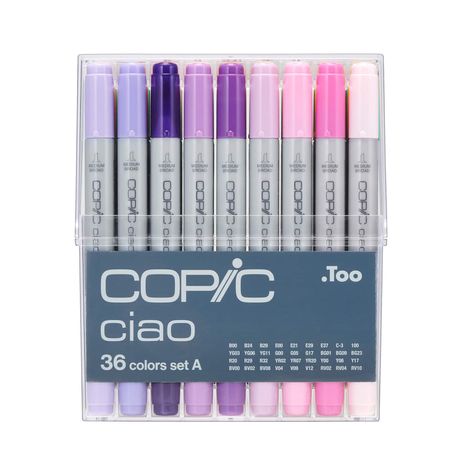 Shop Copic® Ciao 36 Color Marker Set A at Michaels. com. These Copic markers are versatile double-ended refillable markers with fast-drying, permanent non-toxic ink, ideal for calligraphy, airbrushing and graphic arts applications. These Copic Ciao markers are versatile double-ended refillable markers with fast-drying ink. Ciao is a perfect marker for beginners. In addition to the super brush tip and a medium broad tip combo, the barrel is a slightly smaller size, making the it fun and easy for Copic Ciao, Best Alcohol, Pen Store, Marker Set, Copic Sketch, Sketch Markers, Coloring Markers, Alcohol Markers, Markers Set