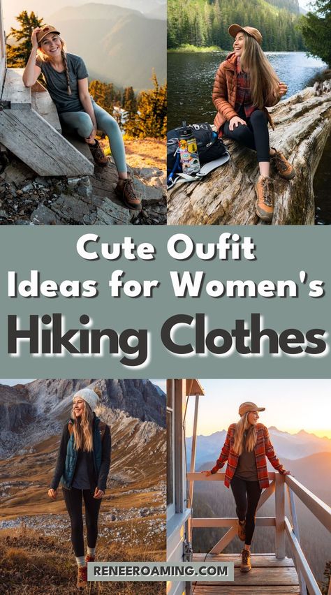 Photo collage of a woman outdoors hiking and wearing cute hiking clothes. Linked to cute outfit ideas for women's hiking clothes. Hiking Outfits Fall, Hiking Outfits Summer, Trail Outfits, Wander Outfit, Trekking Outfit Women, Walking Outfit, Hiking Fall, Trekking Outfit, Beginner Hiking