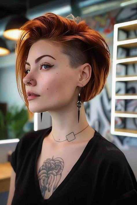 Undercut Medium Hair Woman, Fun Womens Haircuts, Side Haircuts Women, Masculine Bob Haircut, Undercut For Fine Hair, Long Top Pixie Haircut, Haircut Ideas Side Part, Pixie With Undercut Fine Hair, Medium Long Hairstyle Women