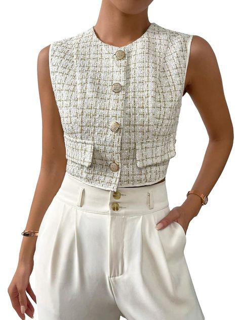 Tweed Vest Outfit Women, Tweed Outfit Women, Gilet Outfit Women, Vest Outfit Women, Giacca In Tweed, Breastfeeding Fashion, Tweed Outfit, Crop Vest, Tweed Vest