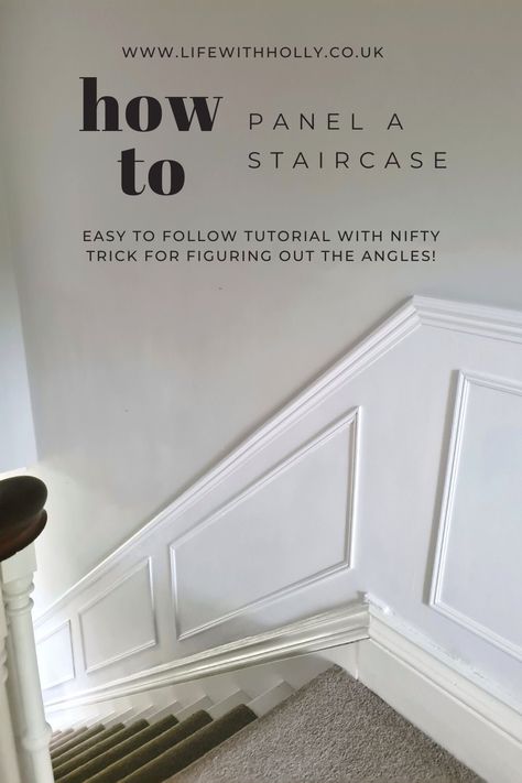 How to DIY stairs panelling - Learn how to add wood panelling to your staircase with this tutorial from Life with Holly. It's easier than you think, even without power tools! Using a simple trick you'll be able to add wood panelling to your staircase, even with the tricky angles! Find out how to panel a staircase with this tutorial. Read now! Wood Panelling Up The Stairs, Wall Paneling Ideas Hallway Stairs, Stair And Landing Panelling, Diy Wall Paneling Stairs, Staircase Wall Molding Ideas, Panel Stairs Wall, Diy Panelling Walls Stairs, Wall Panelling Hallway Stairways, Wall Panelling On Stairs