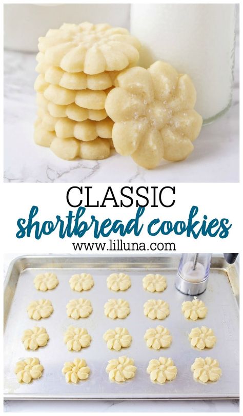 These delicious buttery shortbread cookies just melt in your mouth! Best of all, they only take a small handful of common ingredients to make! #shortbreadcookies #shortbread #cookies #dessert #5ingredients Archway Cookies Recipes, Best Shortbread Cookie Recipe, Cookie Press Recipes, Best Shortbread Cookies, Shortbread Cookies Recipe, Spritz Cookie Recipe, Lil Luna, Buttery Shortbread Cookies, Buttery Shortbread