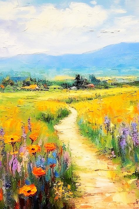 Red And Orange Flowers, Distant Mountains, Flower Dance, Red And Orange, Lavender Oil, Orange Flowers, Acrylic Paintings, Vibrant Red, Landscape Art