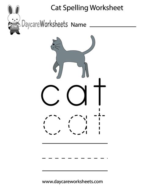 Learn and practice how to spell the word cat using this printable preschool worksheet. Kindergarten Spelling, Preschool Weekly Lesson Plans, English Worksheets For Kindergarten, Word Cat, Nursery Book, Teaching Sight Words, Preschool Tracing, Teaching Spelling, Spelling Worksheets