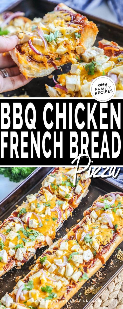 Ty this super simple weeknight barbecue chicken pizza. It is gooey and cheesy, filled with everyone's favorite BBQ flavors, and ready in 30 minutes. Mix it up and get the whole family involved by adding their favorite toppings! With multiple ways to make this pizza and nearly no prep, it is sure to be a family favorite! Chicken French Bread Pizza, Chicken French Bread, Chicken French, Barbecue Chicken Pizza, Easy Bbq Chicken, Chicken Pizza Recipes, French Bread Recipe, French Bread Pizza, Bbq Pizza