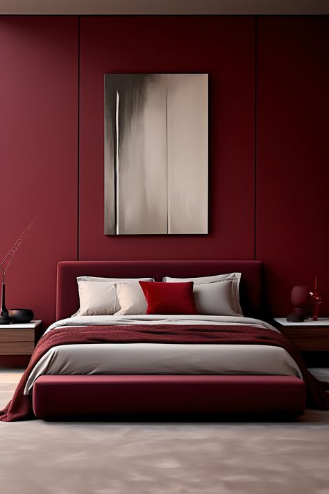 Embrace the contemporary elegance with a maroon feature wall, sleek bed, and elegant grey accents in your bedroom. Dark Red Bedroom Walls, Maroon Bed, Gray Red Bedroom, Maroon Bedroom, Red Bedroom Walls, Redecorate Room, Bedroom Ideas Red, Maroon Interior, Burgundy Room