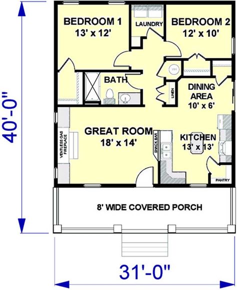 Plan 49-189. 2 bedrooms, 1 full bath, 992 SQ FT. Pelan Rumah, 2 Bedroom House Plans, A Small House, Small House Floor Plans, 2 Bedroom House, Small House Plan, Country Style House Plans, Cottage Plan, Small Cottage