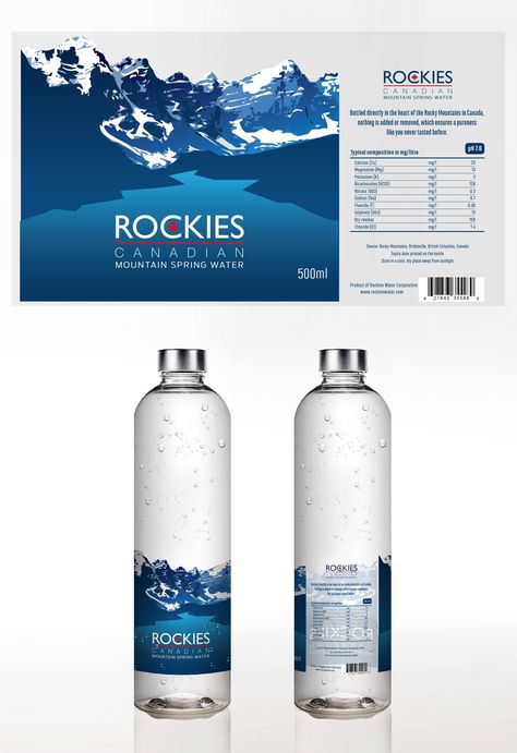 Water Label Design, Bottle Design Water, Spring Water Bottle, Water Bottle Label Design, Mineral Water Bottle, Mountain Spring, Water Bottle Brands, Water Packaging, Wine Bottle Design