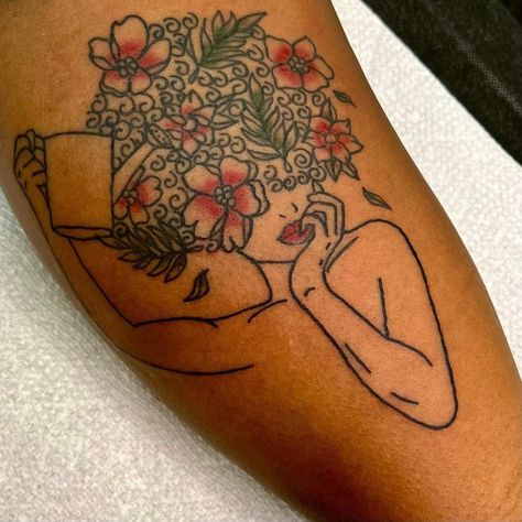 Flower Afro Tattoos, Pour Into Yourself Tattoo, Water Yourself Tattoo, Spiritual Tattoos Black Women, Black Women Tattoos Ideas, Afrocentric Tattoos For Women, Black Woman Tattoo, Black Women Tattoos, Black Goddess Tattoo