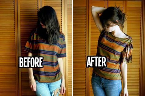 Refashion T-shirts into tops | www.FabArtDIY.com - Part 2  #fashion, #nosew, #refashion, #restyle, #t-shirt, #diy T Shirt Restyle, Transforming T Shirts, T Shirt Remake Ideas, Restyle T Shirt, T Shirt Alterations Diy, Upcycle Tshirt Ideas, Refashioned Tshirt, T Shirt Remake, T Shirt Refashion