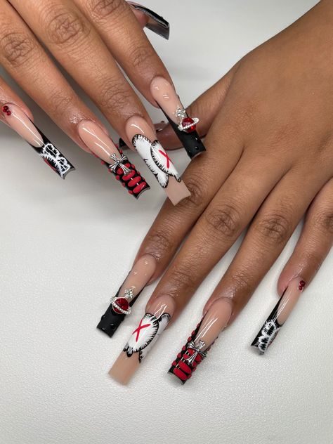 KAWS Long Acrylic Nails Kaws, Red Kaws Nails Design, Kaws Nails Design Long, Christmas Kaws Nails, Black And White Kaws Nails, Kaws Valentines Nails, Nail Kaws, Red Kaws Nails, Kaws Nail Set