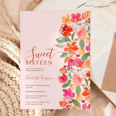 Boho burnt orange earth tone floral chic sweet 16 invitation Teenage Birthday Party, Summer Birthday Invitations, Sweet Sixteen Birthday Invitations, 16 Invitations, Sweet 16 Birthday Party, Sweet Sixteen Birthday, Sweet 16 Invitations, Rose Orange, Sweet 16 Parties