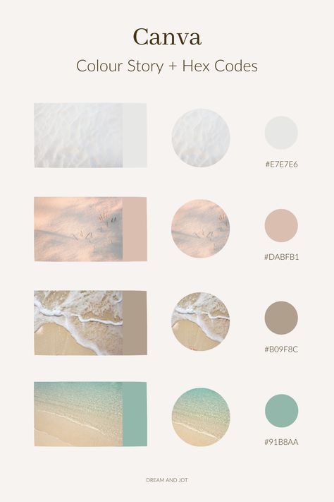 A light beige background with four beach themed photos and their corresponding color palettes next to each with hex codes. Color Palette Hex Codes Excel, Beach Color Palette Hex Codes, Calming Color Palette Hex Codes, Canva Colour Palettes Code, Color Pallets With Hex Codes, Canva Color Palette Codes, Zen Color Palette, Color Palettes With Hex Codes, Rgb Palette