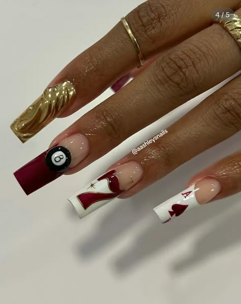 Bday Nails Scorpio, November Baddie Nails, Ace Of Spade Acrylic Nails, Birthday Candle Nail Art, Romantic Red Nails, Funky Nails With Gems, Deep Red Nails With Design, Lash Tech Nails, Red Rum Nails