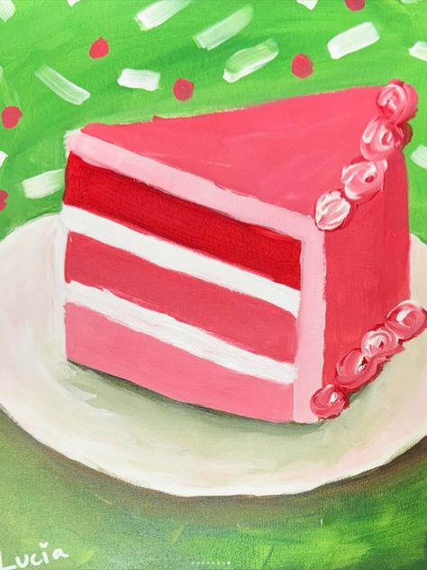 Pink slice of cake painted on a green background with confetti. Colour Theory Art Projects, High School Acrylic Painting Projects, Color Value Art, Complimentary Colors Art Painting, Complimentary Colors Art, Olives Painting, Cake Paintings, Color Theory Projects, Online Art Tutorials