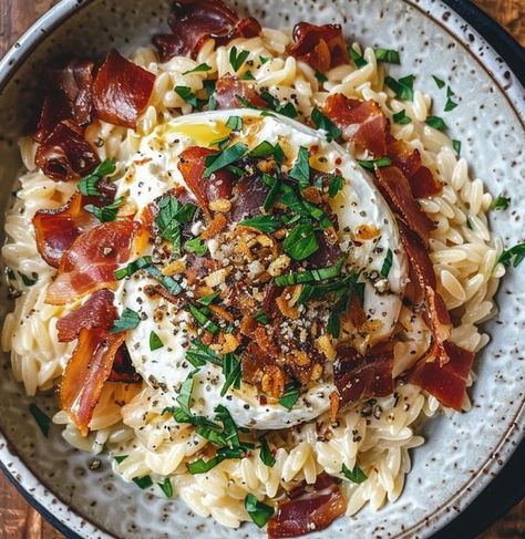 cookefast Crispy Prosciutto, Dried Basil, Orzo Pasta, Fresh Chives, Ricotta Cheese, Orzo, Grated Parmesan Cheese, Salted Butter, Prosciutto