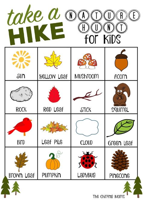 Take a hike, nature hunt for kids from The Chirping Moms. Get outside and explore! Nature Scavenger Hunt Printable, Nature Walk Scavenger Hunt, Fall Scavenger Hunt, Preschool Activities At Home, Nature Hunt, Scavenger Hunt For Kids, Fall Preschool, Nature Hikes, Autumn Nature