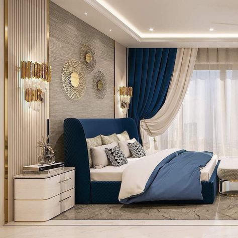 Blue And Gold Master Bed, Navy Blue Gold Bedroom Ideas, Beige And Blue Room Bedrooms, White And Royal Blue Bedroom, Blue Bed Master Room, Blue And Gold Master Bedrooms Decor, Royal Blue White And Gold Bedroom, Blue Black And Gold Bedroom, Blue Gold And White Bedroom