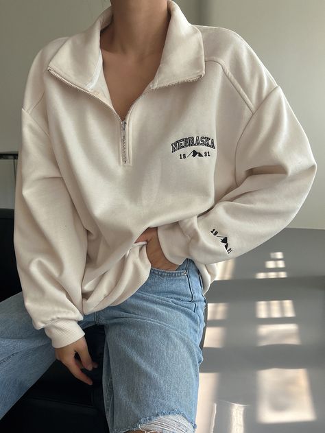 Beige Casual Collar Long Sleeve Fabric Letter Half Placket Embellished Slight Stretch  Women Sweatshirts Collar Sweatshirt Outfit, Red Sweatshirt Outfit, Chic Sweatshirt Outfit, Blue Sweatshirt Outfit, Green Sweatshirt Outfit, White Sweatshirt Outfit, Pink Sweatshirt Outfit, White Hoodie Outfit, Gray Sweatshirt Outfit