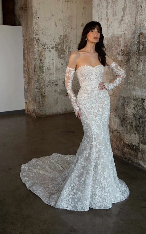 Luxe Sparkle Lace Fit-and-Flare Wedding Dress with Detachable Long Sleeves Fit N Flare Wedding Dress, Plus Size Vestidos, Sparkly Fashion, Flare Wedding Dress, Bridal Gowns Mermaid, Kleinfeld Bridal, Detachable Sleeves, Gown Plus Size, Fit And Flare Wedding Dress