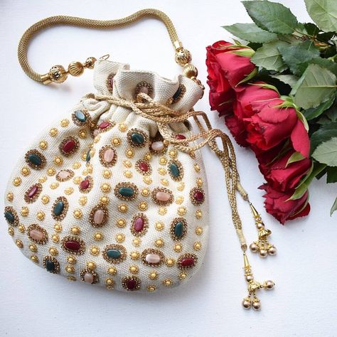 Cream Jute Potli bag embellished with multi-coloured stones.   Jute Embellished Purses, Potli Bag, Wedding Handbag, Embellished Bags, Potli Bags, Embroidery Bags, Bag Shop, Vintage Purses, Fabric Bags