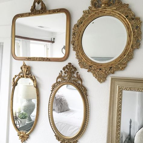 Vintage Gold Mirror Gallery Wall by HallstromHome Mirror Gallery Wall Ideas, Mirror Collage, Spiegel Gold, Vintage Gold Mirror, Bedroom Decorating Tips, Paint Recipe, Mirror Gallery, Mirror Gallery Wall, Mirror Wall Living Room