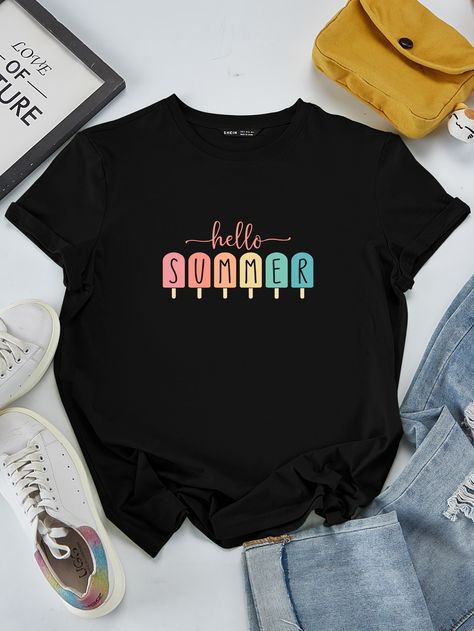 Black Casual  Short Sleeve Cotton Graphic,Letter  Embellished Slight Stretch Summer Women Tops, Blouses & Tee Women Shirt Designs, Printed Tee Women, T-shirt Print Design, Trendy Shirt Designs, Shirt Print Design, Printed Joggers, Ladies Tee Shirts, Trendy Shirts, Women T Shirts